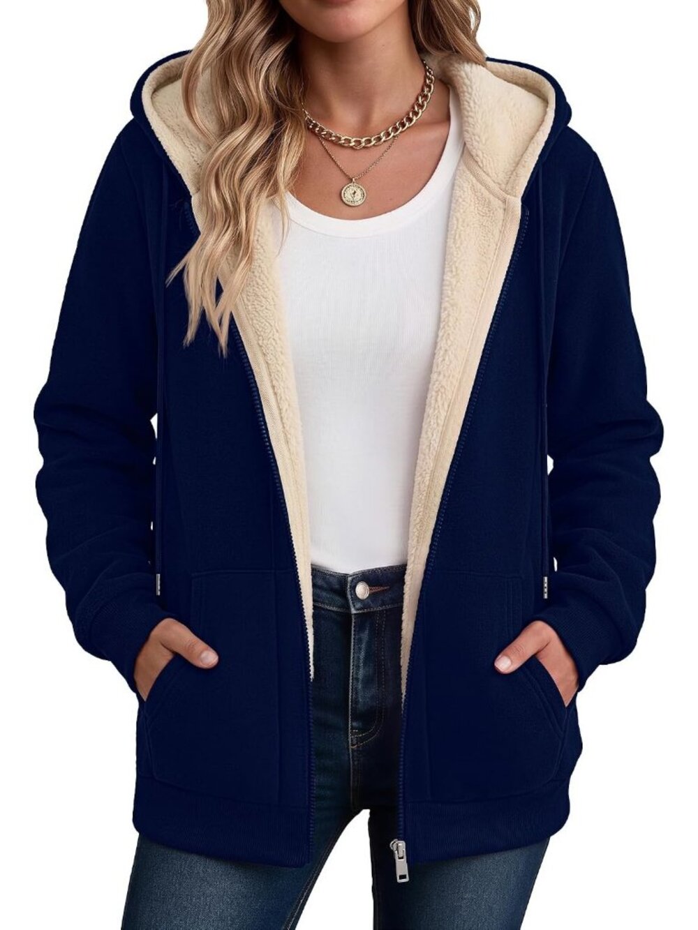 Women's Navy Blue Fleece Lined Drawstring Hood Kangaroo Casual Winter Jacket